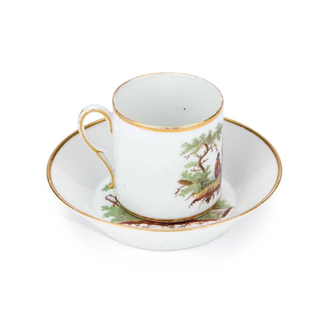 AN AMSTEL PORCELAIN COFFEE CAN AND SAUCER CIRCA 1820: AN AMSTEL PORCELAIN COFFEE CAN AND SAUCER CIRCA 1820 the coffee can hand painted with a rural scene of figures resting before a house, within gilt rims, the saucer similarly decorated, script factory 
