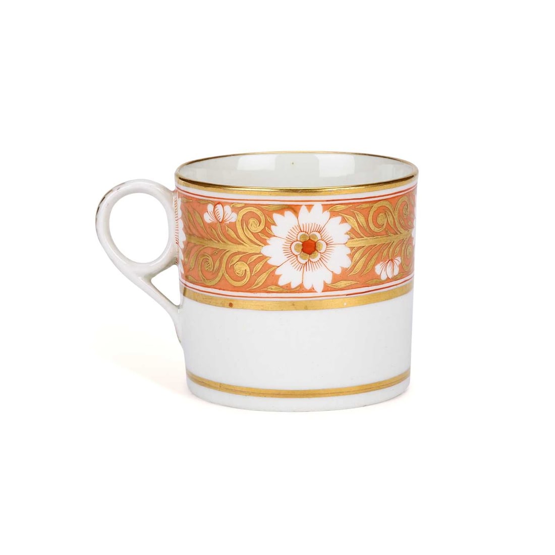 AN ENGLISH PORCELAIN COFFEE CAN CIRCA 1810: AN ENGLISH PORCELAIN COFFEE CAN CIRCA 1810 decorated with gold banding and floral reserves on an orange ground, possibly Grainger's Worcester. 6.5cm high