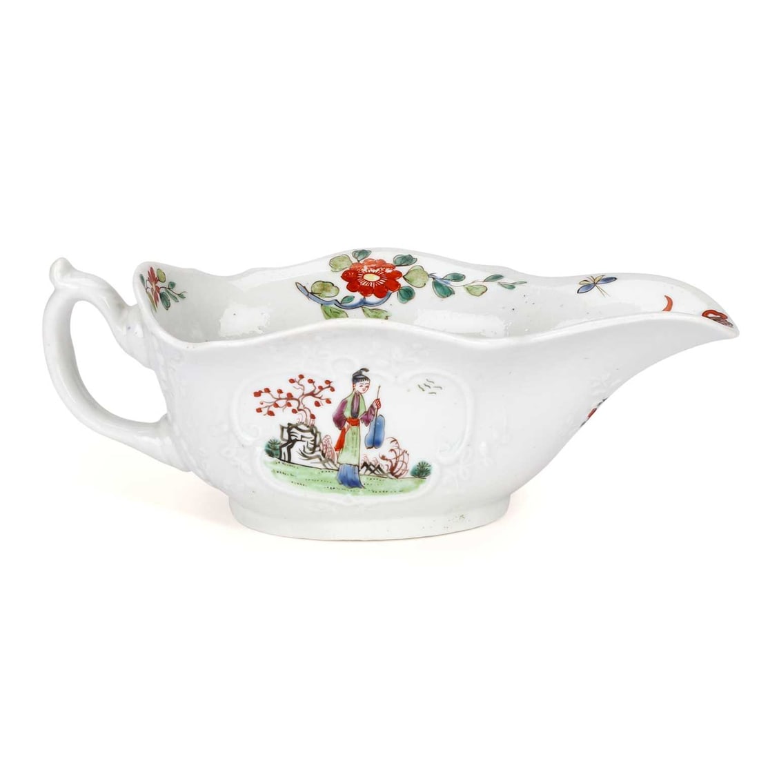 A RARE WORCESTER PORCELAIN SAUCEBOAT CIRCA 1754: A RARE WORCESTER PORCELAIN SAUCEBOAT CIRCA 1754 painted with Chinese figures within scroll moulded panels to the outside, with single flower sprigs to the interior, painter's mark, see S. Spero