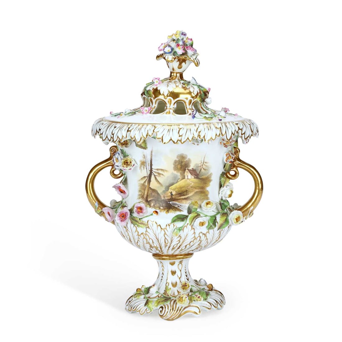A ROCKINGHAM PORCELAIN POT POURRI VASE AND COVER CIRCA 1830 (1 of 5)