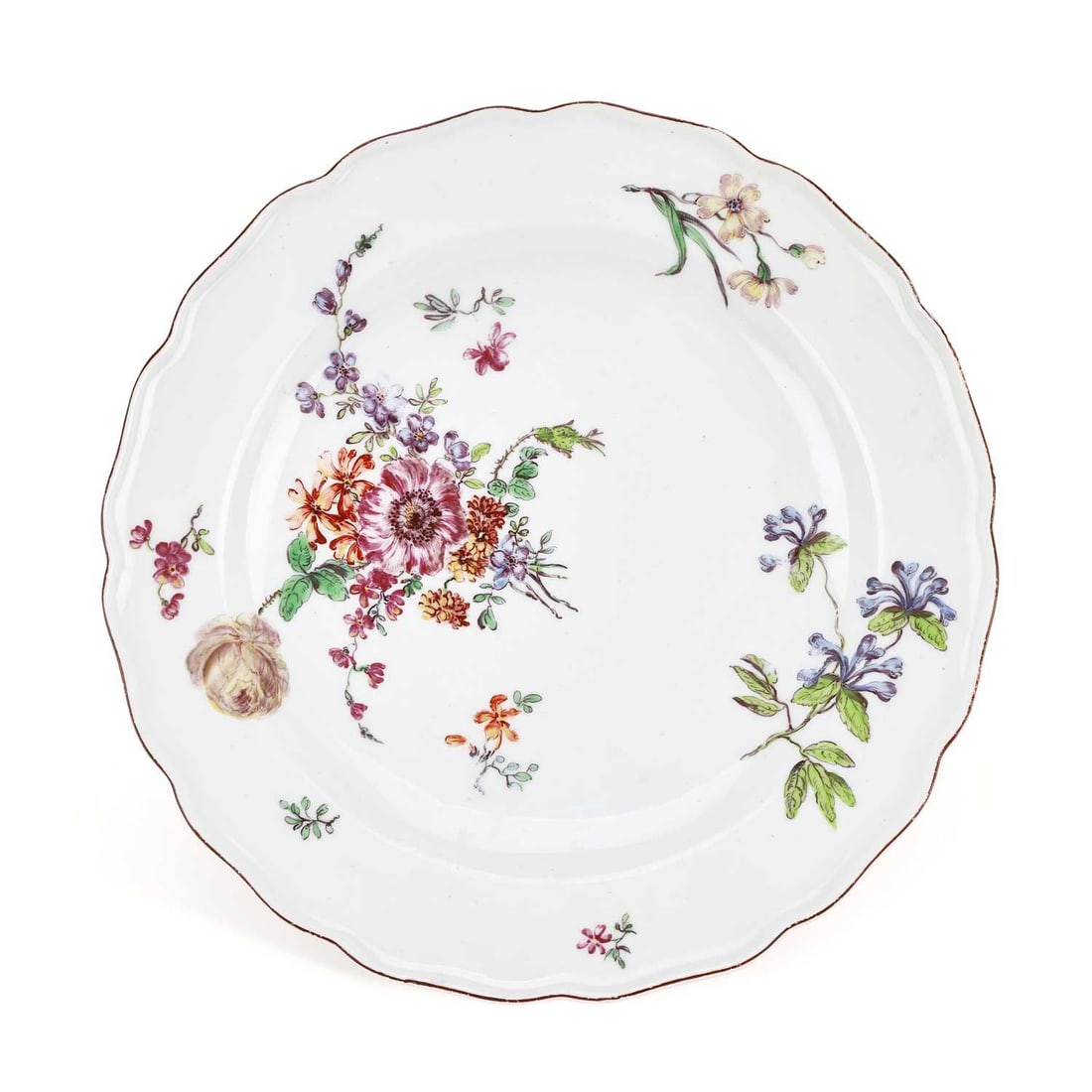 A CHELSEA PORCELAIN PLATE CIRCA 1755: A CHELSEA PORCELAIN PLATE CIRCA 1755 enamelled in the Meissen style with a bouquet and single flowers, red anchor mark. 21cm wide Small repair to a chip on the rim.