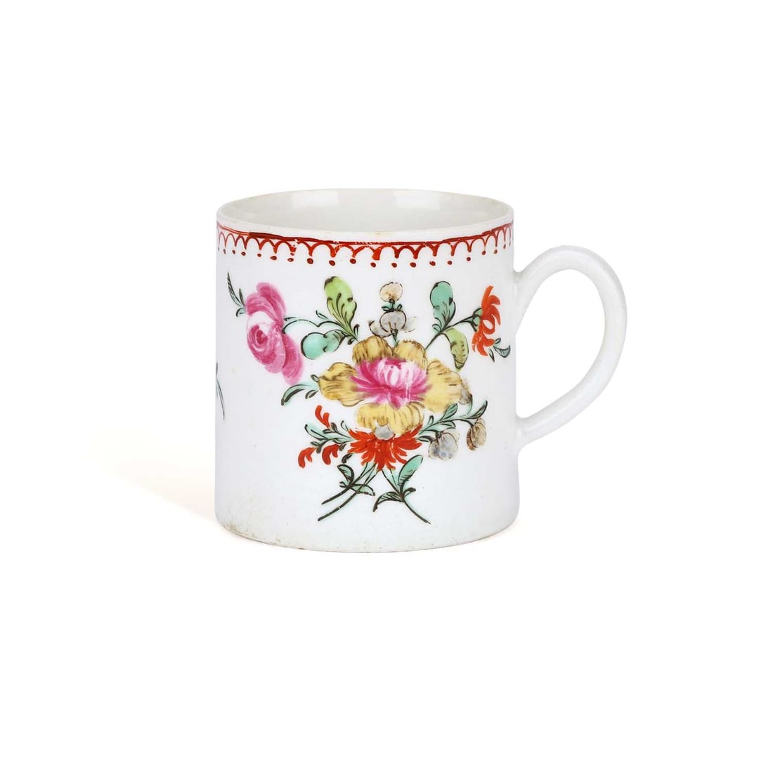 A BOW PORCELAIN COFFEE CAN CIRCA 1760: A BOW PORCELAIN COFFEE CAN CIRCA 1760 with a grooved handle, painted in famille rose palette with flowers under an arched red line and dotted border. 6.2cm high