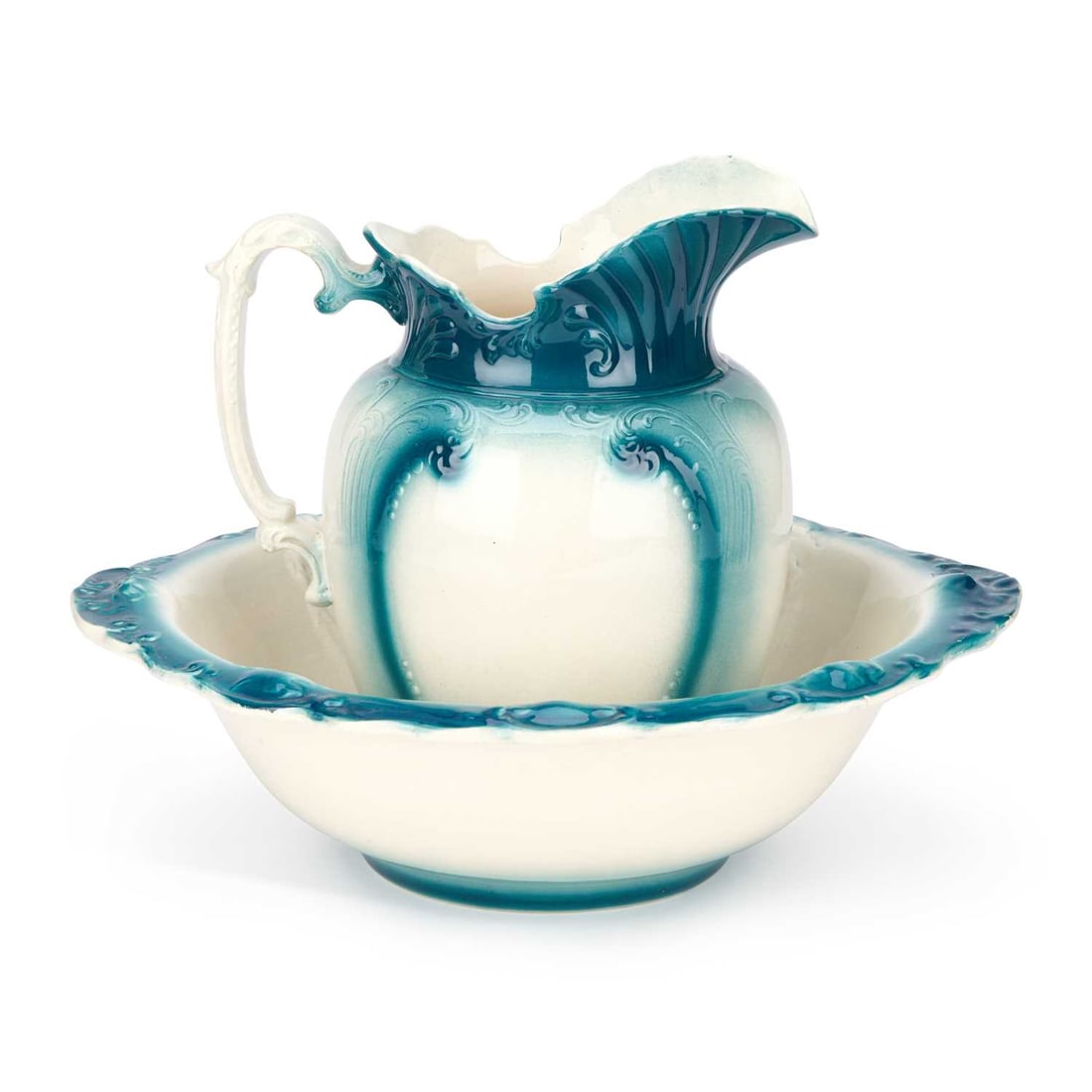 A STAFFORDSHIRE POTTERY JUG AND BOWL CIRCA 1900 (1 of 2)