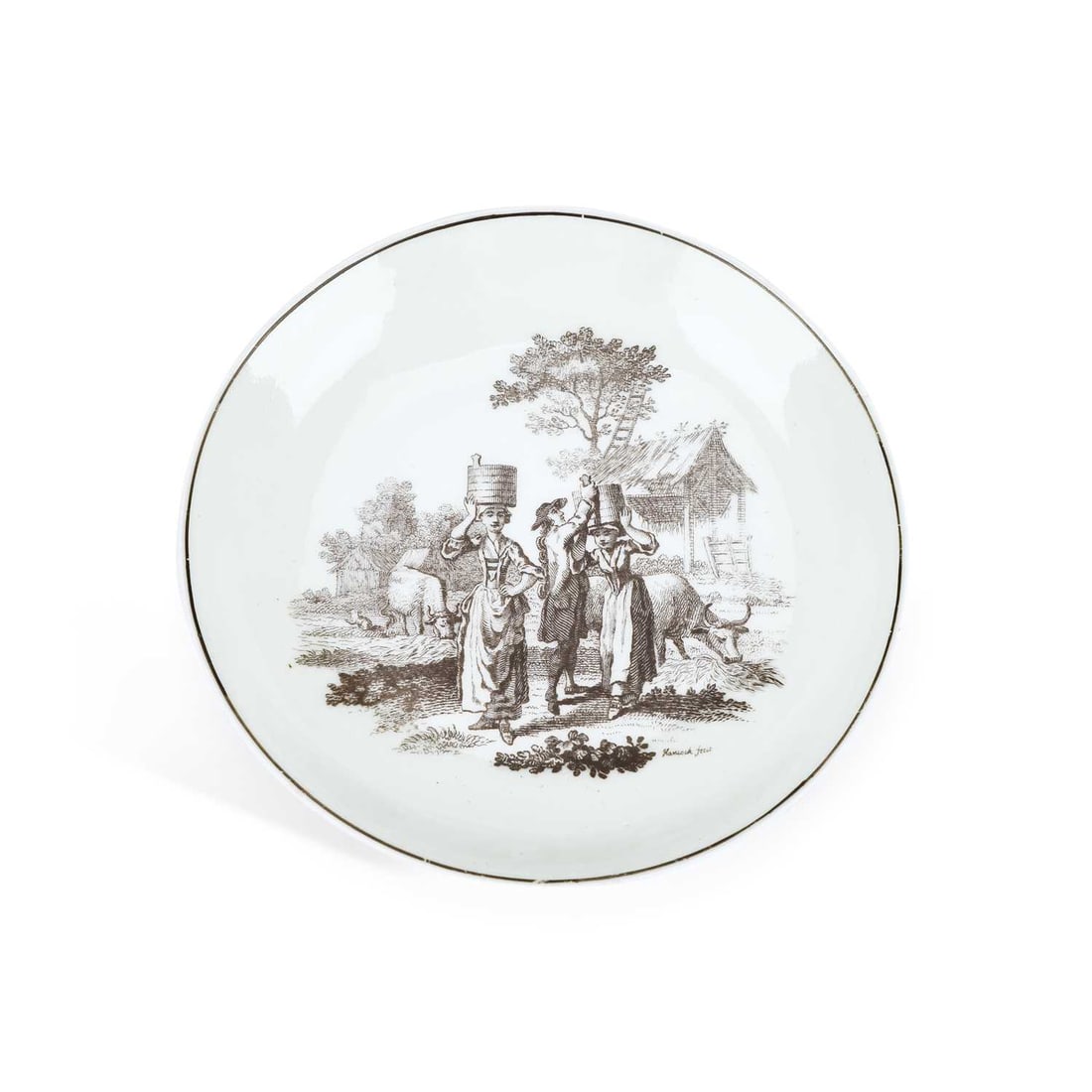 A WORCESTER PORCELAIN SAUCER CIRCA 1770: A WORCESTER PORCELAIN SAUCER CIRCA 1770 printed in black with the 'Milkmaids' pattern beneath a black line rim border from a Robert Hancock engraving, signed Hancock fecit. 12cm wide