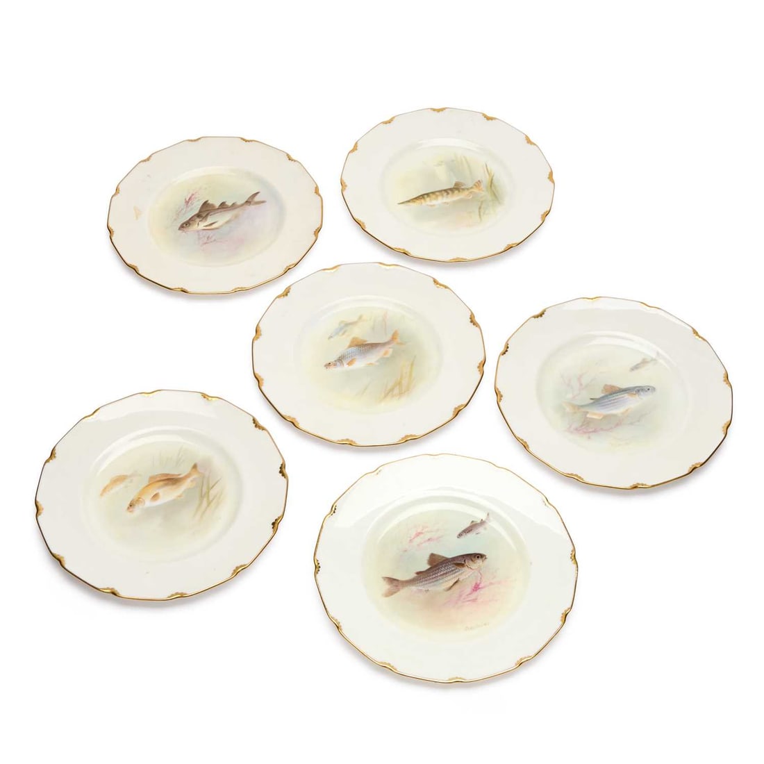 A SET OF ROYAL DOULTON ICHTHYOLOGICAL DISHES CIRCA 1925: A SET OF ROYAL DOULTON ICHTHYOLOGICAL DISHES CIRCA 1925 comprising of six plates, each painted with a study of a fish by Charles Holloway and Samuel Wilson, titled to the reverse, printed factory mark