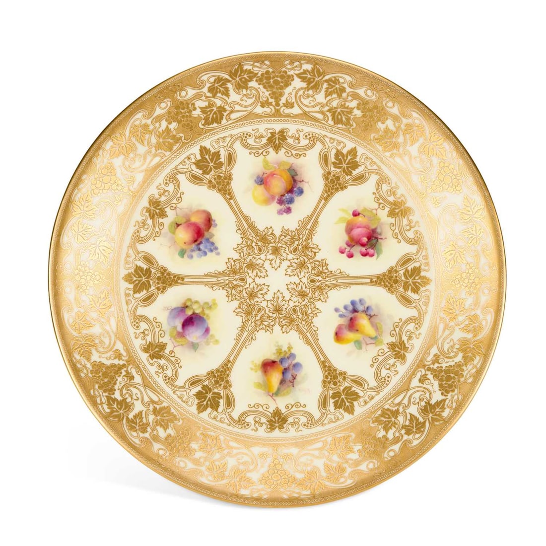 A ROYAL WORCESTER PORCELAIN DISH: A ROYAL WORCESTER PORCELAIN DISH painted with studies of fruit within gilt scroll vignettes, the border with dense gilt fruiting vine, signed A.Shuck (Albert Shuck), puce factory mark and date code fo