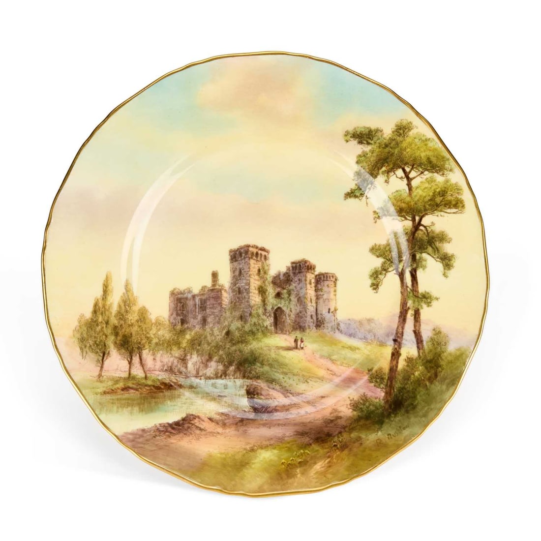 A ROYAL WORCESTER PLATE CIRCA 1950: A ROYAL WORCESTER PLATE CIRCA 1950 painted with a view of Raglan Castle by Raymond Rushton, black printed factory mark and inscribed Raglan Castle to the reverse. 27cm diameter