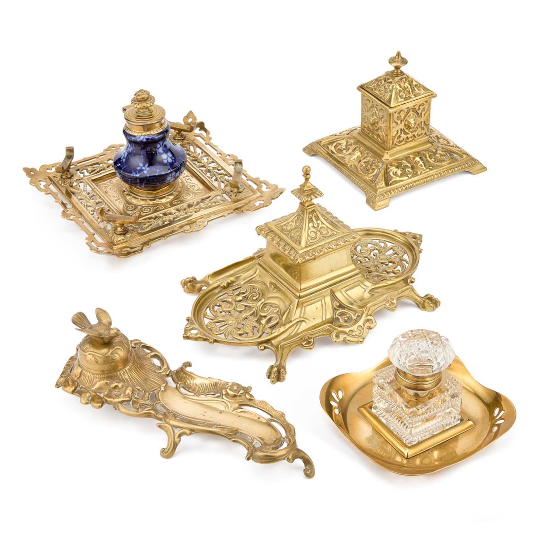 A COLLECTION OF FIVE BRASS INKWELLS 19TH CENTURY AND LATER (1 of 1)