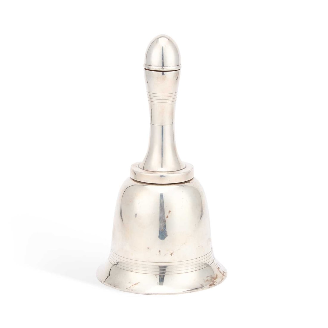 AN EARLY 20TH CENTURY SILVER-PLATED NOVELTY COCKTAIL SHAKER: AN EARLY 20TH CENTURY SILVER-PLATED NOVELTY COCKTAIL SHAKER by Dunhill, in the form of a handbell. 26.5cm high