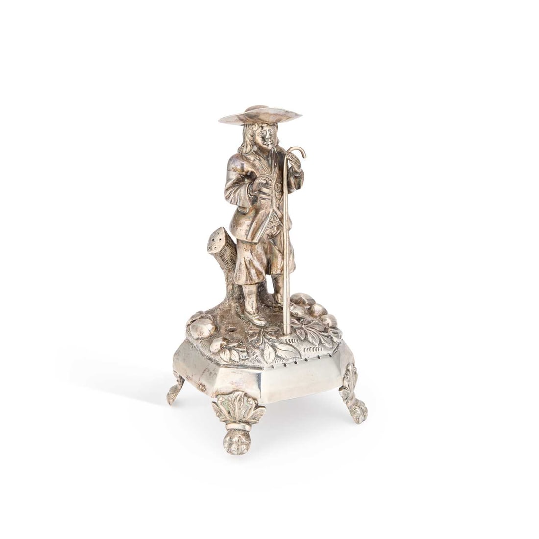 A 19TH CENTURY PORTUGUESE SILVER FIGURAL TOOTHPICK HOLDER: A 19TH CENTURY PORTUGUESE SILVER FIGURAL TOOTHPICK HOLDER Oporto assay mark, José Anastácio Pereira de Abreu maker's mark, modelled as a shepherd standing on a naturalistic base. 16cm high, 7.6 troy