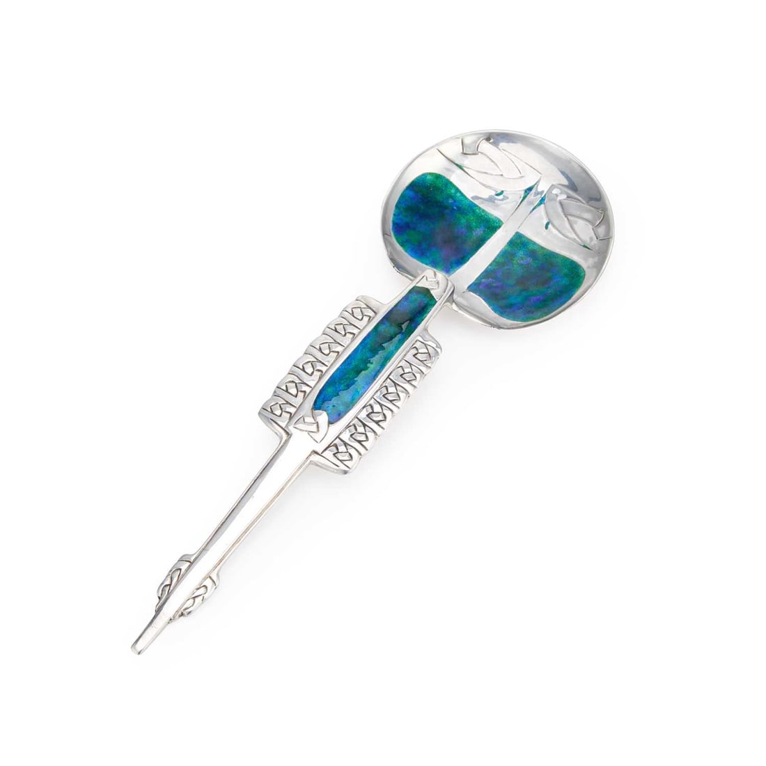 ARCHIBALD KNOX (1864-1933) FOR LIBERTY & CO AN OVERSIZED CYMRIC SILVER AND ENAMEL CORONATION SPOON: ARCHIBALD KNOX (1864-1933) FOR LIBERTY & CO AN OVERSIZED CYMRIC SILVER AND ENAMEL CORONATION SPOON Birmingham 1901. 20cm long, 2.6 troy ounces