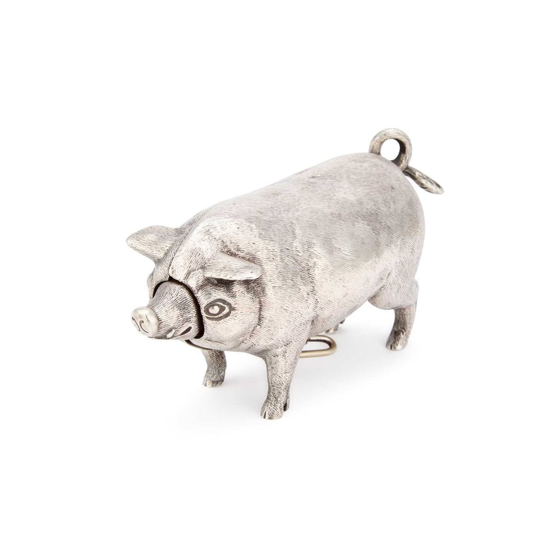 A RARE EDWARDIAN SILVER NOVELTY MECHANICAL 'PIG' BELL: A RARE EDWARDIAN SILVER NOVELTY MECHANICAL 'PIG' BELL by William Hornby, London 1903, naturalistically modelled as a pig, with a silver body, the head and tail depress to operate the mechanical moveme