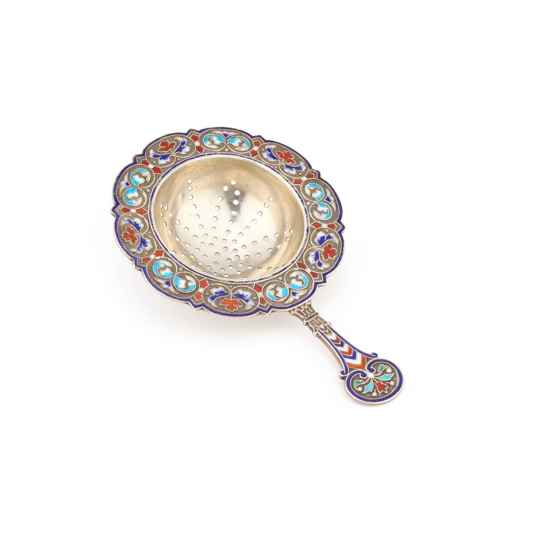 A STERLING SILVER AND ENAMEL TEA STRAINER (1 of 3)