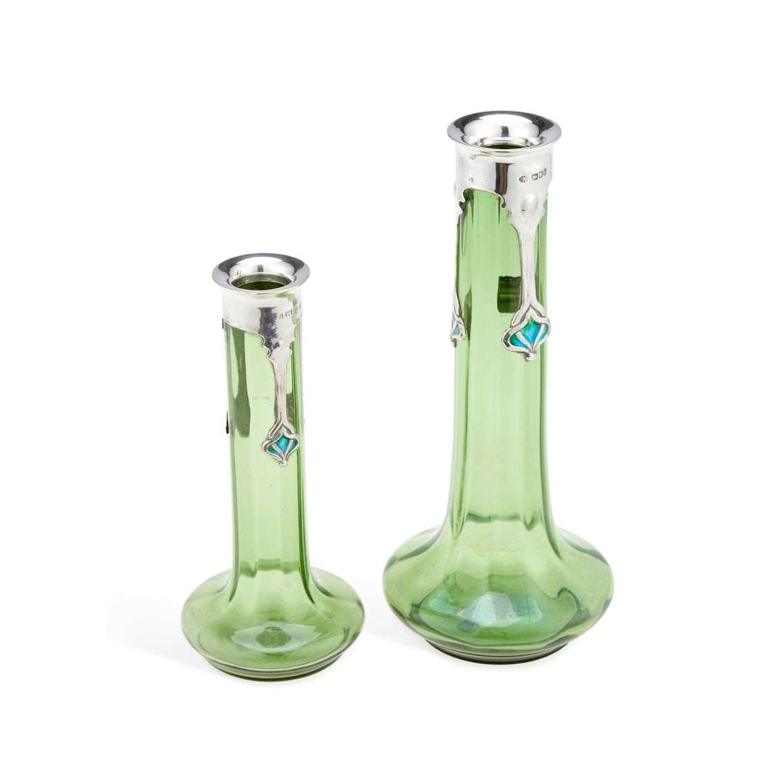 TWO ART NOUVEAU SILVER AND ENAMEL-MOUNTED GREEN GLASS VASES: TWO ART NOUVEAU SILVER AND ENAMEL-MOUNTED GREEN GLASS VASES designed by Kate Harris for William Hutton & Sons Ltd, Birmingham 1903 (small) and London 1903 (large), the James Powell green glass bod