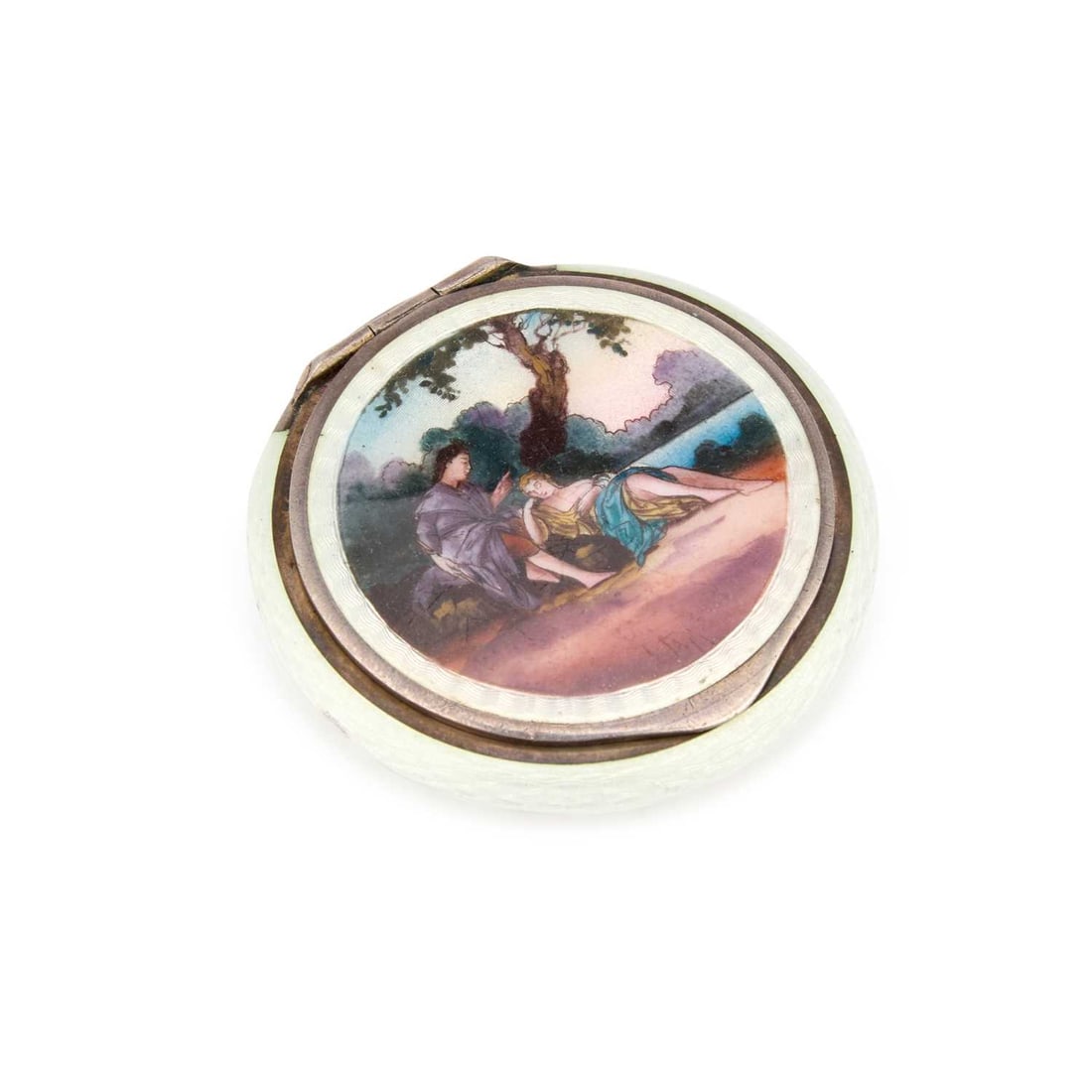 AN EARLY 20TH CENTURY GERMAN SILVER AND GUILLOCHÉ ENAMEL COMPACT: AN EARLY 20TH CENTURY GERMAN SILVER AND GUILLOCHÉ ENAMEL COMPACT stamped GERMANY STERLING SILVER, of circular form, the hinged cover decorated with a polychrome enamel scene of Classical figures in a