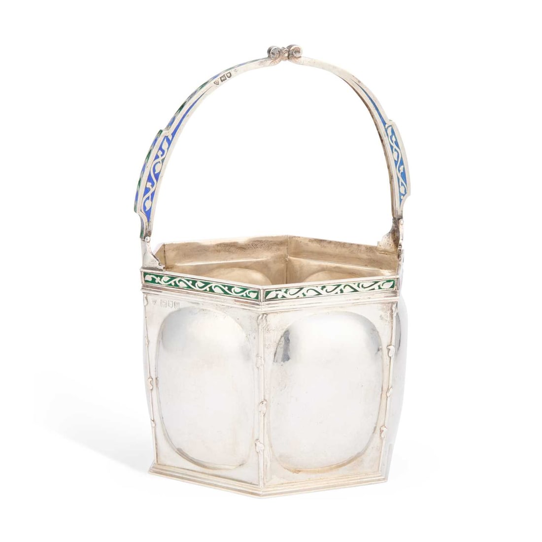 ALEXANDER FISHER (1864-1936), AN ARTS AND CRAFTS SILVER AND ENAMEL ICE BUCKET: ALEXANDER FISHER (1864-1936), AN ARTS AND CRAFTS SILVER AND ENAMEL ICE BUCKET maker's mark AF, London 1907, of hexagonal form. 25cm high to top of handles, 31 troy ounces