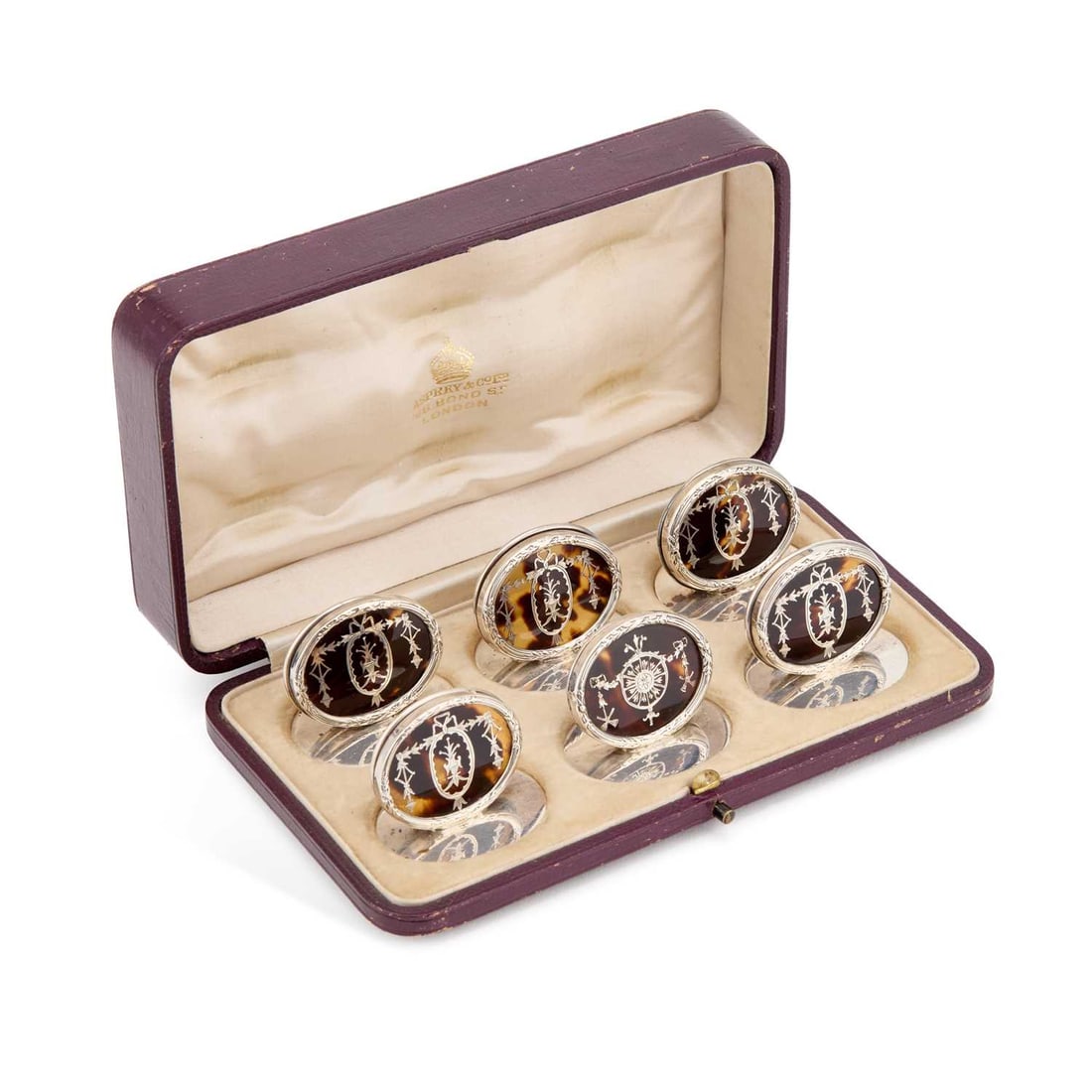 A MATCHED SET OF SIX GEORGE V SILVER AND TORTOISESHELL MENU HOLDERS (1 of 4)