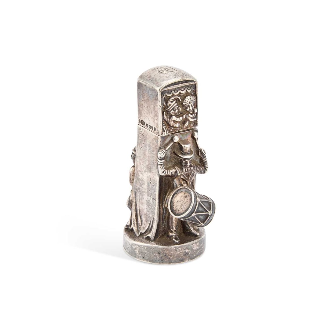 A RARE VICTORIAN SILVER NOVELTY VESTA CASE IN THE FORM OF A CURTAINED PUNCH & JUDY PUPPET BOOTH (1 of 5)