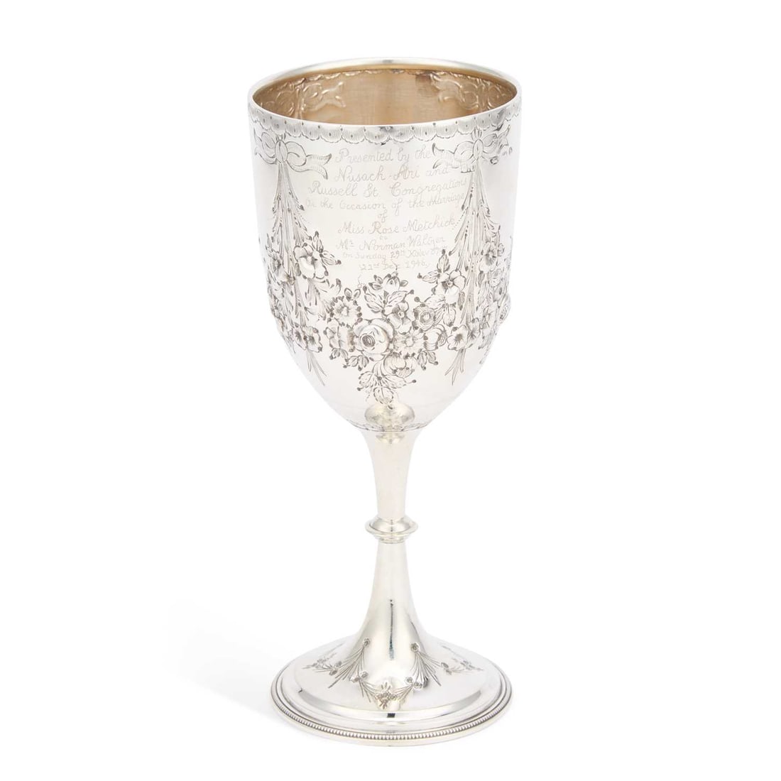 A VICTORIAN SILVER GOBLET: A VICTORIAN SILVER GOBLET by George Unite & Sons, Birmingham 1876, the tapering bowl chased with ribbon-tied floral swags, raised on a knopped stem issuing from a circular foot, with a beaded rim.