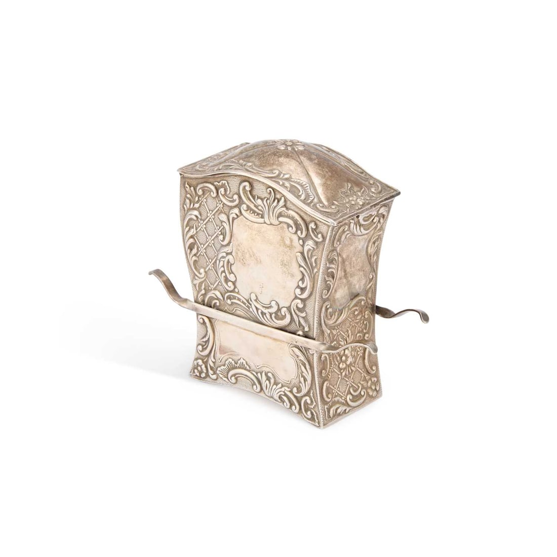 A VICTORIAN SILVER NOVELTY PLAYING CARDS BOX: A VICTORIAN SILVER NOVELTY PLAYING CARDS BOX by Samuel Jacob, London 1899, in the form of a sedan chair, the sides stamped with foliate scrolls and latticework, with two pairs of scroll handles. 11cm