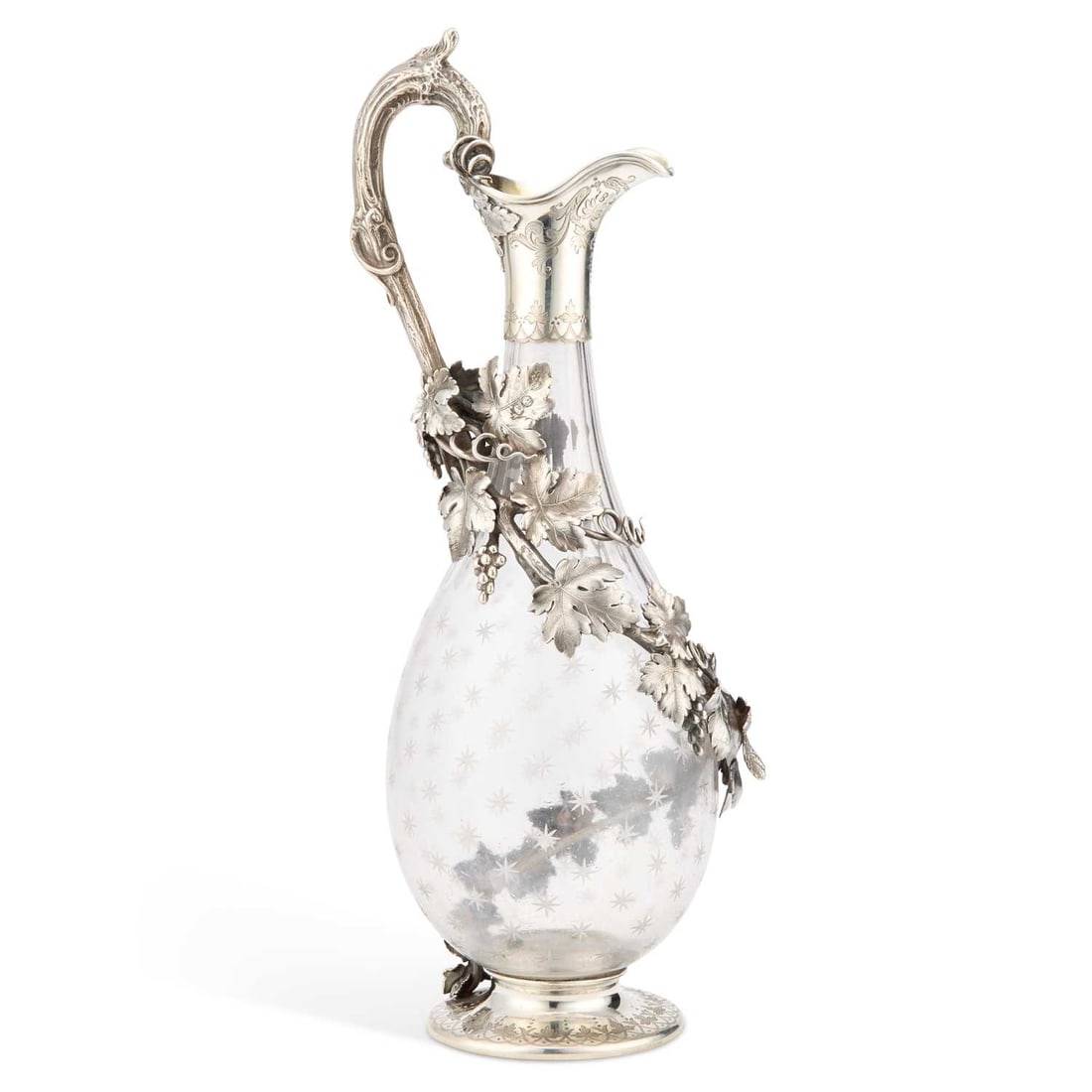 A VICTORIAN SILVER-MOUNTED CUT AND ETCHED GLASS CLARET JUG: A VICTORIAN SILVER-MOUNTED CUT AND ETCHED GLASS CLARET JUG maker GE, London 1859, of baluster form with a naturalistic grape vine handle and mount, the glass body etched with fruiting vine. 31cm high
