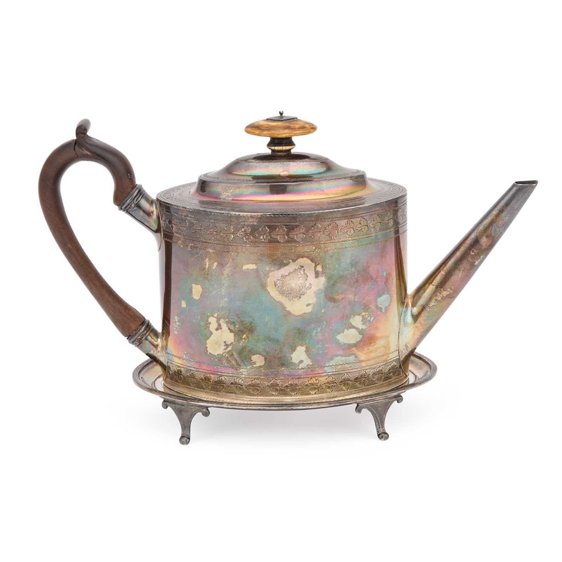 § A GEORGE III SILVER TEAPOT ON STAND (1 of 3)