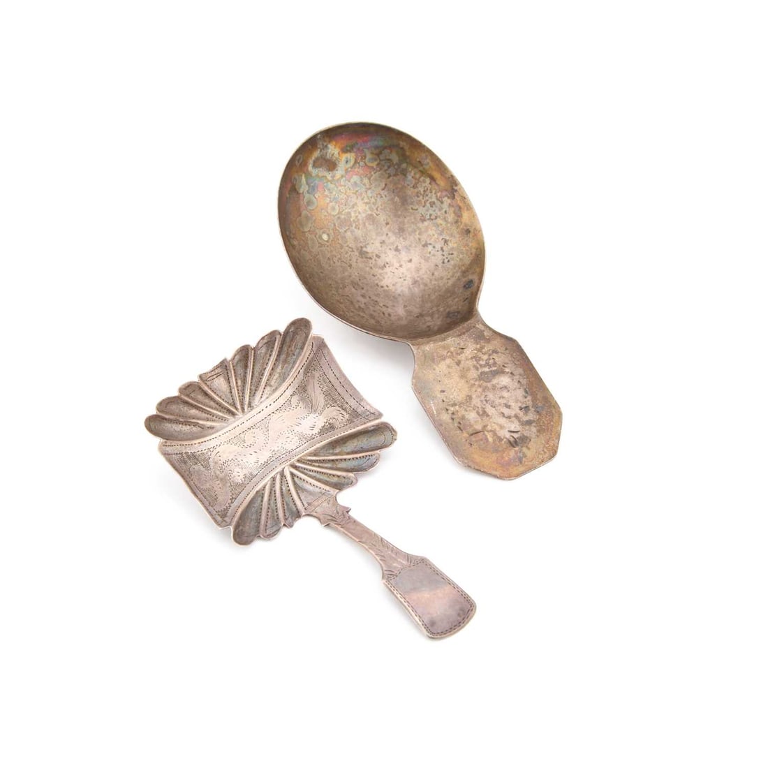 TWO SILVER CADDY SPOONS: TWO SILVER CADDY SPOONS the first by Josiah Snatt, London 1799, with an oval bowl; the second by James Collins, Birmingham 1832. (2) First 8cm long