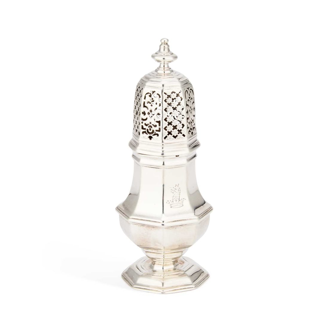 A GEORGE II SILVER CASTER: A GEORGE II SILVER CASTER probably by Charles Hatfield, lacking town mark and date letter, of baluster form with a faceted body rising to a pierced detachable cover surmounted by a baluster finial, th