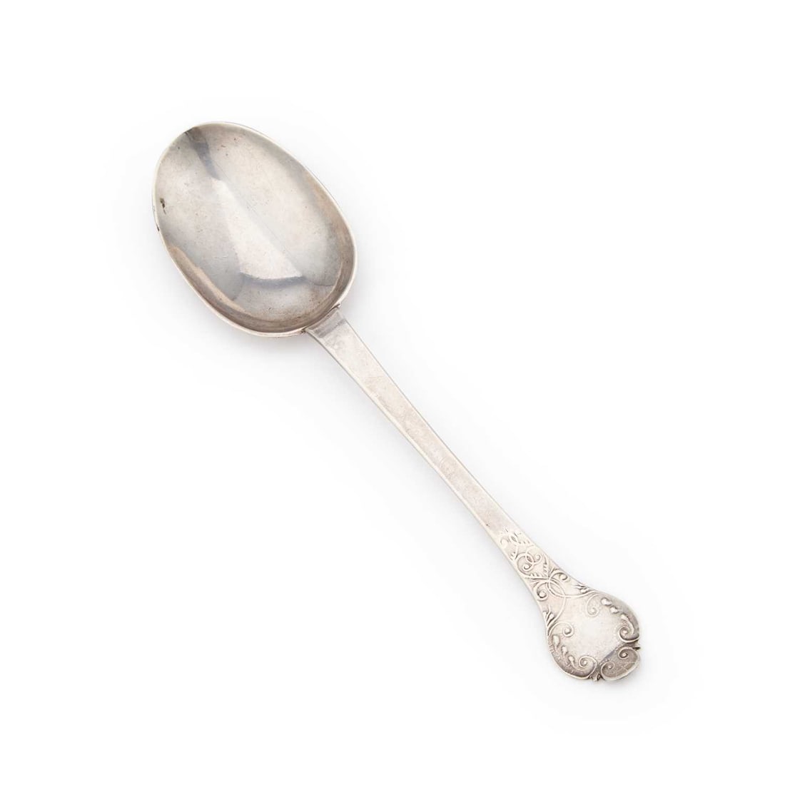 A JAMES II SILVER LACE-BACK TREFID SPOON (1 of 4)