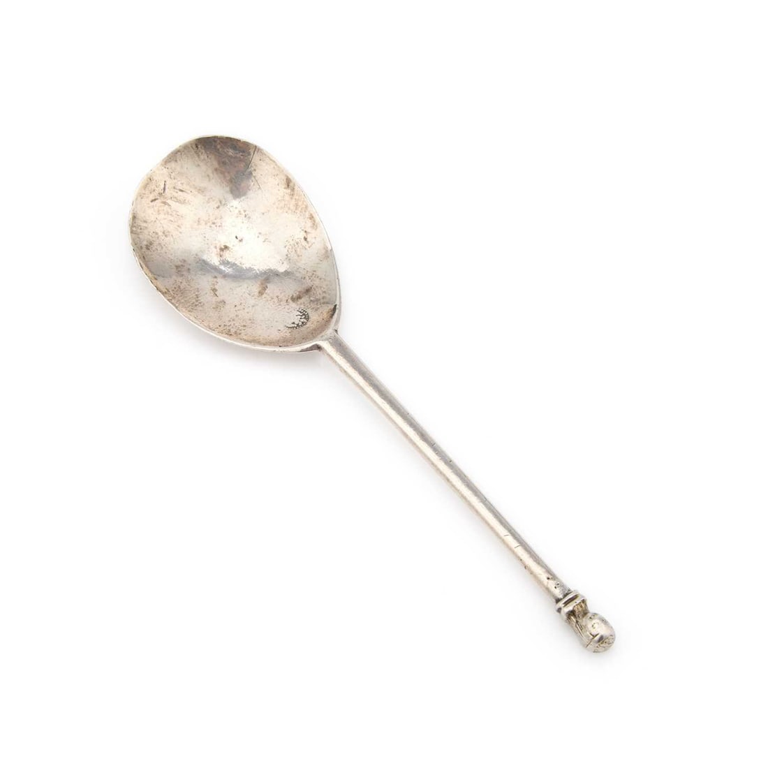 LEWES: A JAMES I PROVINCIAL SUSSEX SILVER MAIDEN HEAD CHILD'S SPOON: LEWES: A JAMES I PROVINCIAL SUSSEX SILVER MAIDEN HEAD CHILD'S SPOON Lewes, c.1620, fig-shaped bowl, tapering stem with a cast maiden head, the reverse of the stem engraved with later initials . A . G 