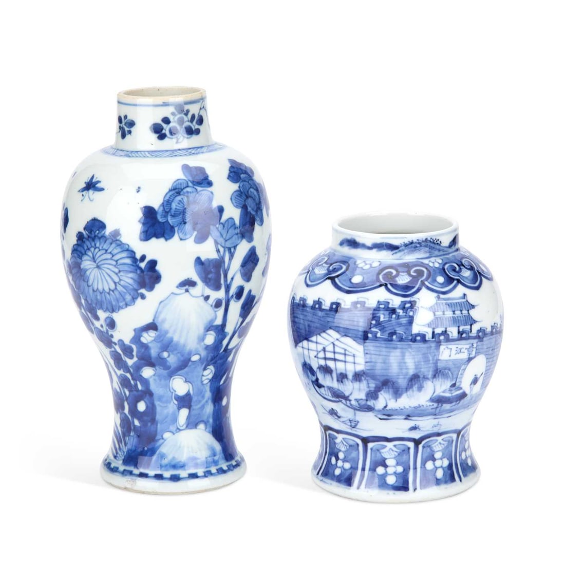TWO CHINESE BLUE AND WHITE PORCELAIN VASES 19TH CENTURY: TWO CHINESE BLUE AND WHITE PORCELAIN VASES 19TH CENTURY the first of squat baluster form, painted with a river landscape, bearing underglaze blue four-character mark; the second of baluster form, pain