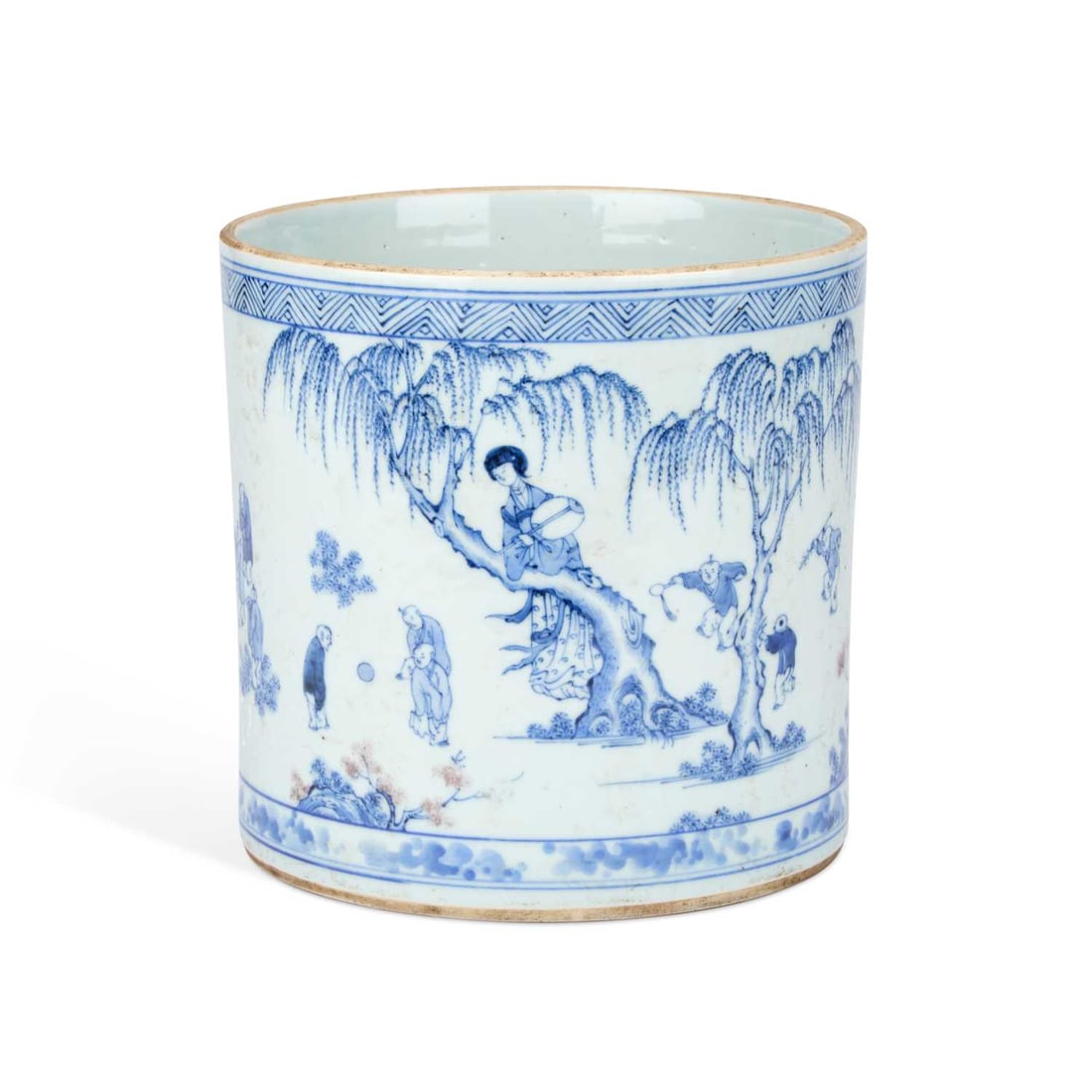 A CHINESE BLUE AND WHITE BRUSH POT: A CHINESE BLUE AND WHITE BRUSH POT cylindrical, underglaze blue painted with figures in an outdoor setting. 19.5cm high No visble chips or cracks, surface dirt to the outside of the pot, in our opinio