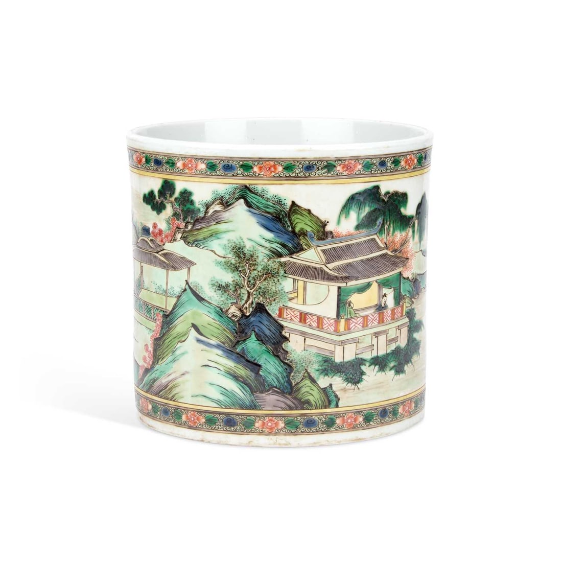 A CHINESE PORCELAIN FAMILLE VERTE BRUSH POT: A CHINESE PORCELAIN FAMILLE VERTE BRUSH POT painted in Kangxi style, with famille verte decoration of a river landscape. 16cm high, 17cm diameter