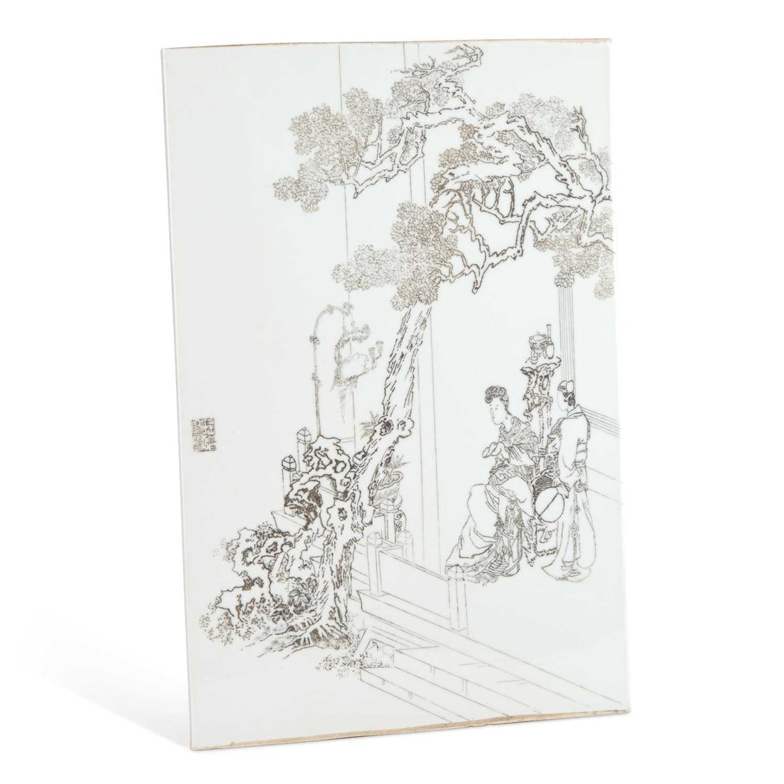 A CHINESE PORCELAIN PLAQUE: A CHINESE PORCELAIN PLAQUE the plaque painted en grisaille, with a scene of ladies seated on the veranda of a pavilion, signed. 44cm by 29cm