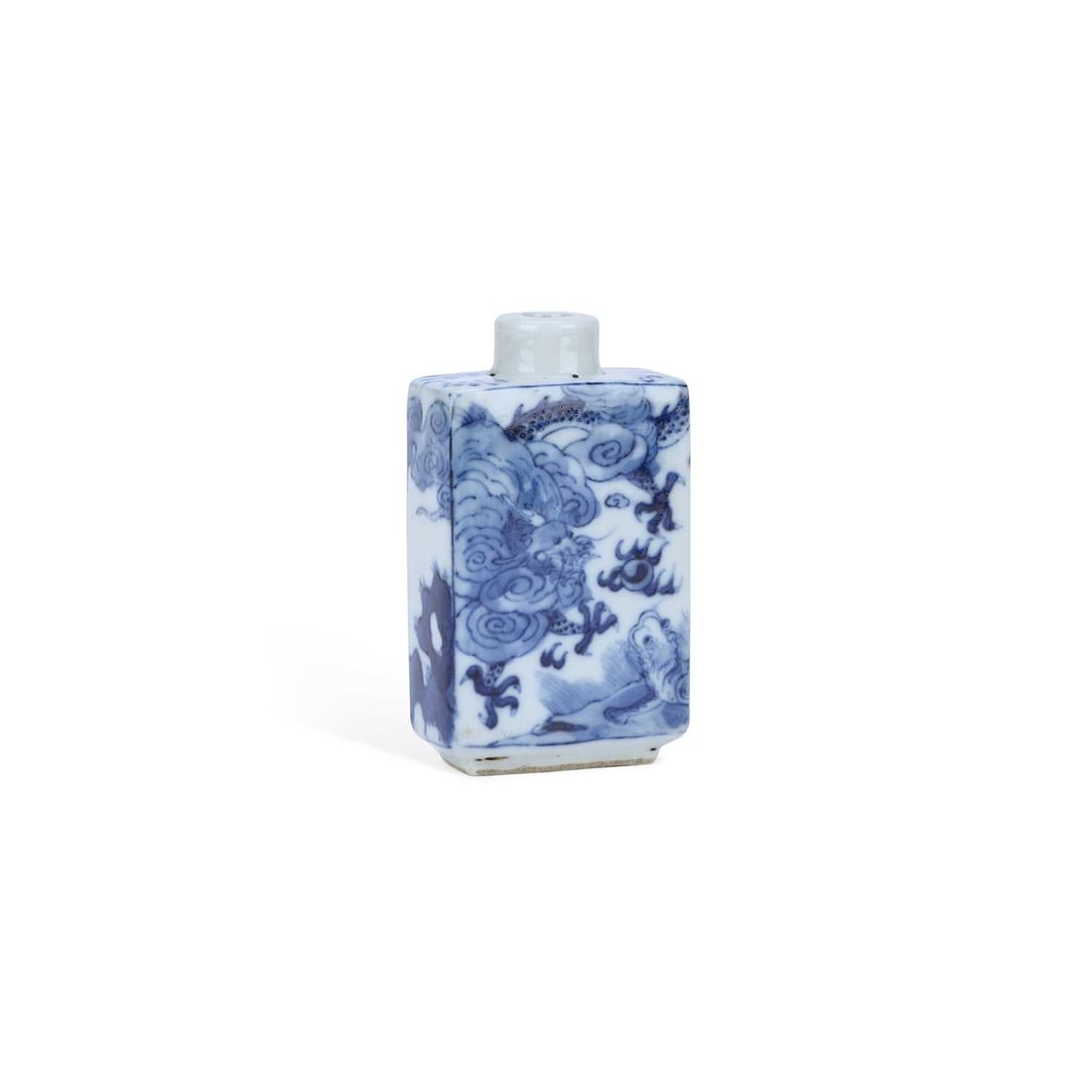 A CHINESE BLUE AND WHITE PORCELAIN RECTANGULAR SNUFF BOTTLE: A CHINESE BLUE AND WHITE PORCELAIN RECTANGULAR SNUFF BOTTLE decorated with a dragon amongst scrolling clouds above a mountainous landscape, the reverse with further landscape details and stylised