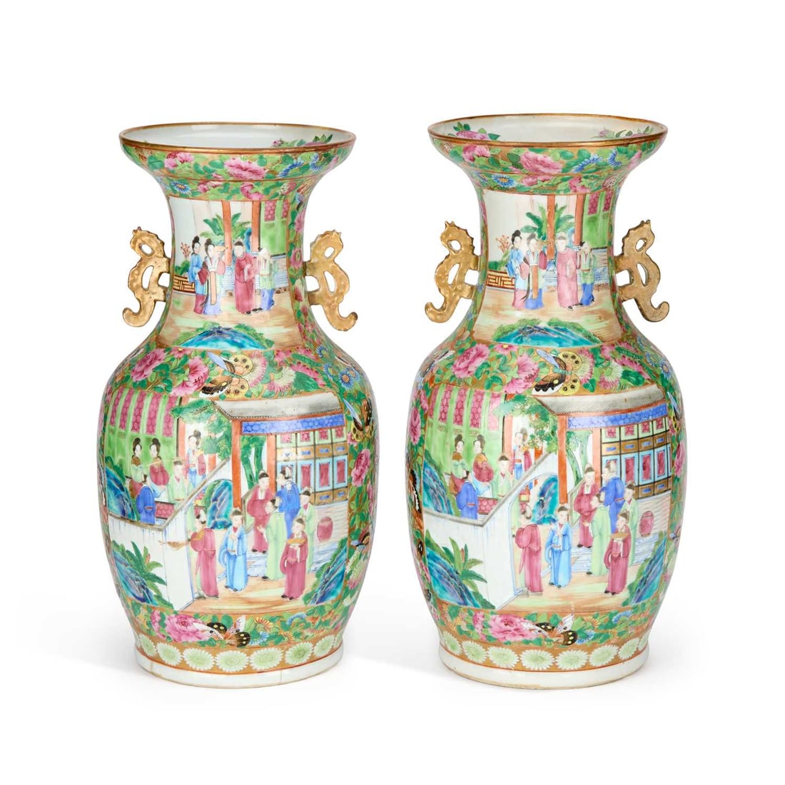 A PAIR OF CANTONESE PORCELAIN VASES CIRCA 1850: A PAIR OF CANTONESE PORCELAIN VASES CIRCA 1850 the baluster shaped vases, having dragon handles, well painted in famille rose enamels, with panels of courtesans within gilt ground borders, painted wit
