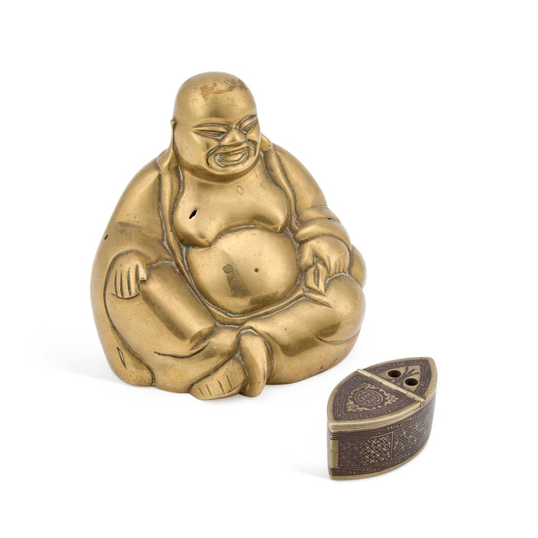 A CHINESE BRONZE BUDDHA AND AN INKWELL: A CHINESE BRONZE BUDDHA AND AN INKWELL the buddha seated wearing robes; the navette-shaped inkwell with Greek Key fret motif and having two apertures for the nibs. (2) First 14cm high