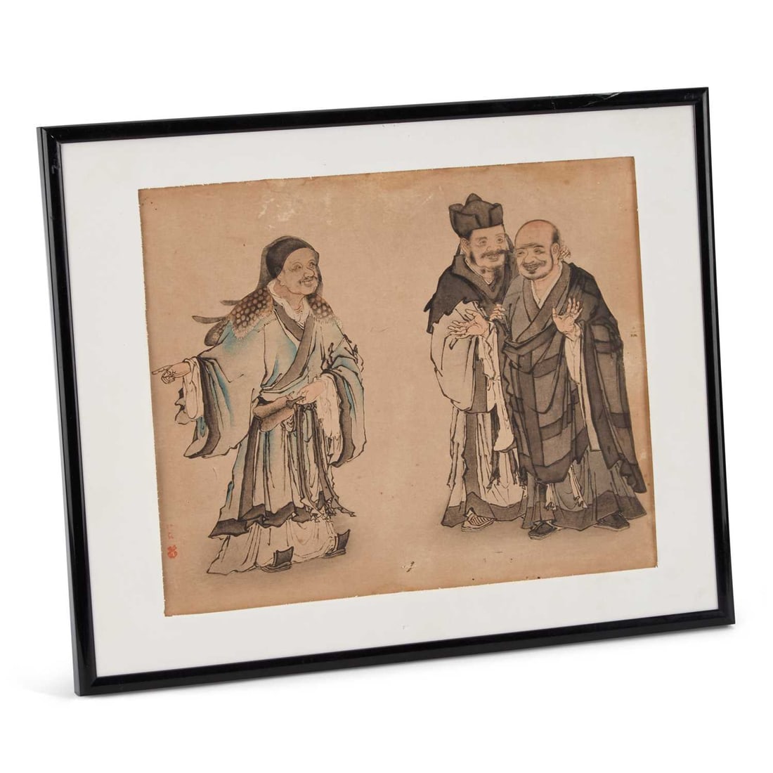 A JAPANESE WOODBLOCK PRINT 19TH CENTURY: A JAPANESE WOODBLOCK PRINT 19TH CENTURY depicting three elderly gentlemen in conversation, signed, framed. 36cm by 29cm