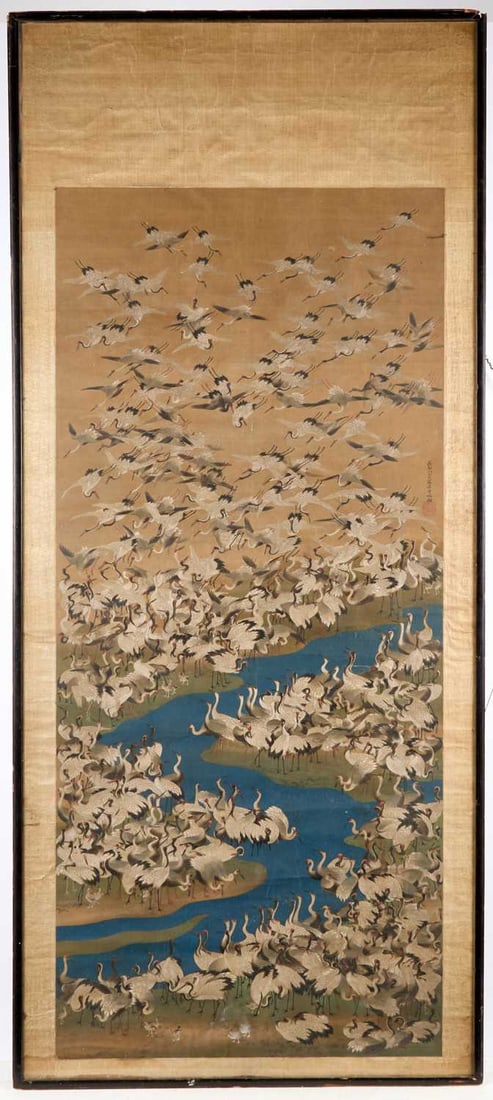 A JAPANESE PAINTING OF A THOUSAND CRANES EDO PERIOD (1 of 3)