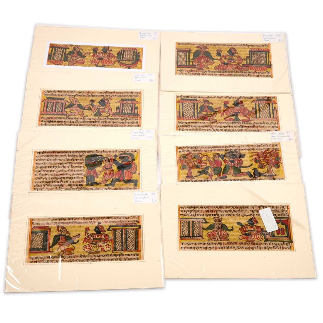 A GROUP OF INDIAN SCHOOL HINDU EPIC ILLUSTRATION PAGES 18TH CENTURY: A GROUP OF INDIAN SCHOOL HINDU EPIC ILLUSTRATION PAGES 18TH CENTURY watercolour and pen. (8) Largest 9.5cm by 23.5cm