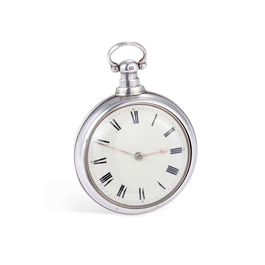 A SILVER PAIR CASED POCKET WATCH: A SILVER PAIR CASED POCKET WATCH the off white enamel dial with Roman indices and outer minute track, silver hands, fusee movement signed John Simpson Garstang, hallmarked Sterling Silver, Chester 182