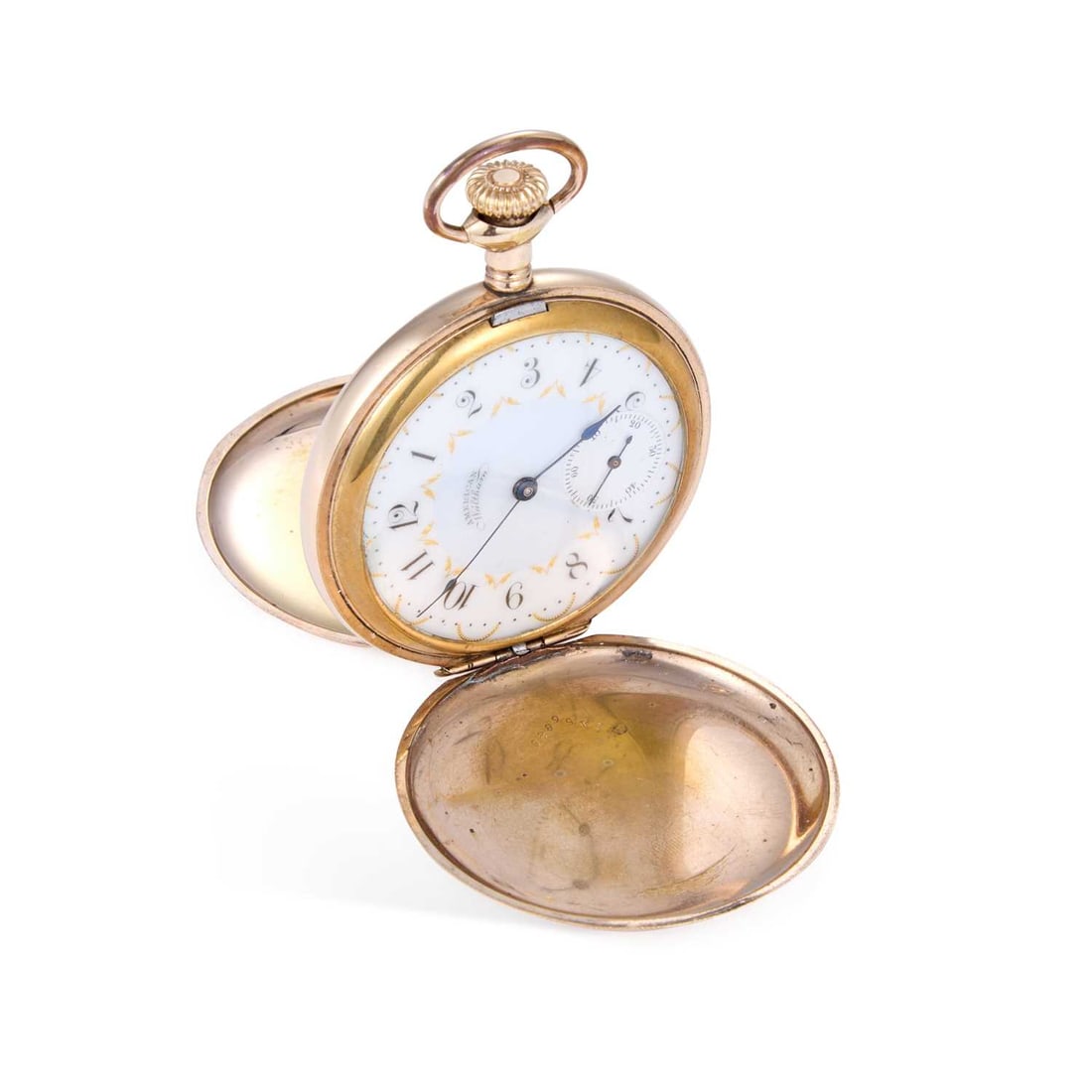 A GOLD PLATED WALTHAM FULL HUNTER POCKET WATCH: A GOLD PLATED WALTHAM FULL HUNTER POCKET WATCH the circular white enamel dial signed American Waltham, with Arabic indices and gilt scroll decoration, sub-seconds dial at the 6 o'clock position, blued