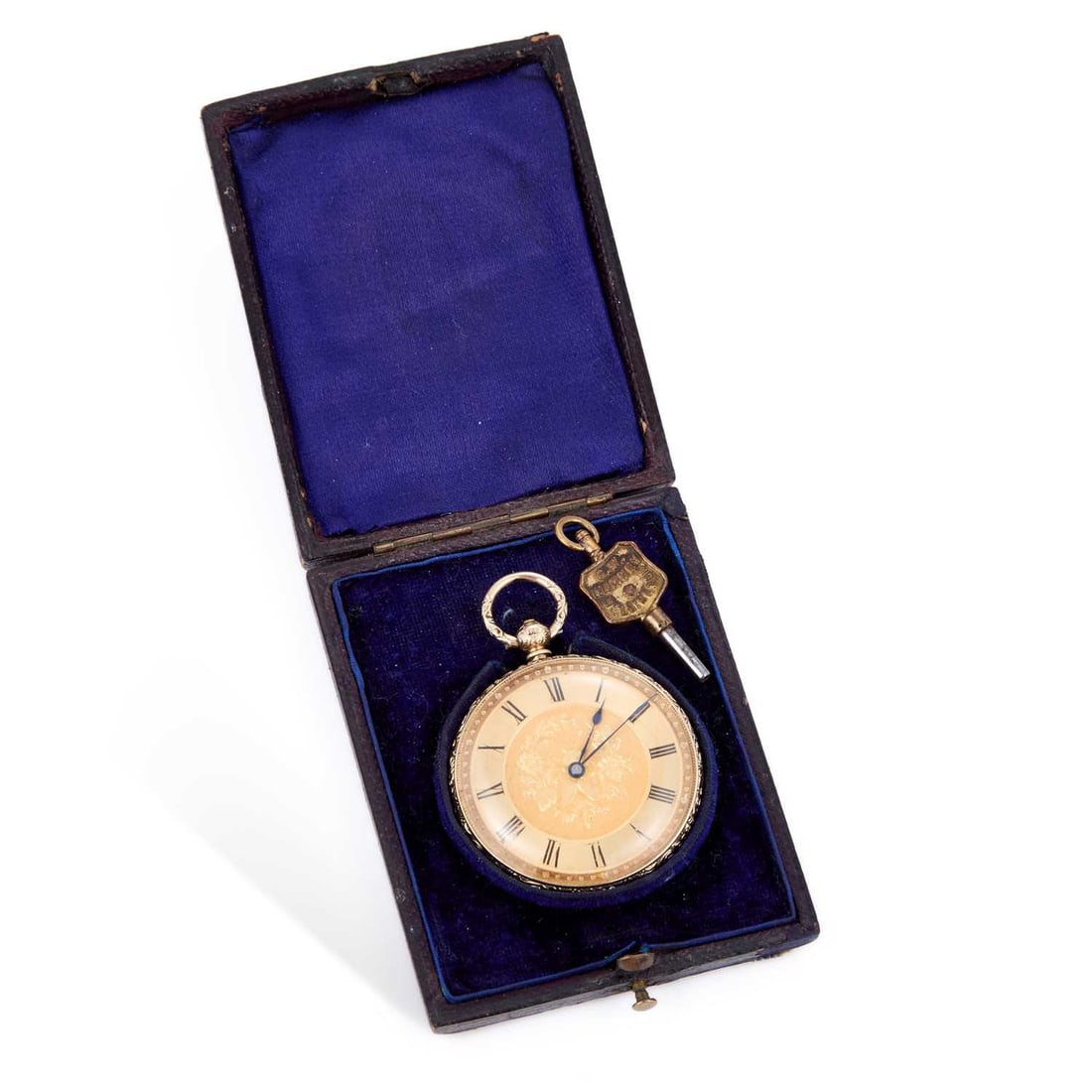 A 14K GOLD FOB WATCH: A 14K GOLD FOB WATCH the circular gilt dial with Roman indices and floral decorated centre, blued steel hands, engine-turned rear cover with a vacant circular cartouche at the centre, internally stamp