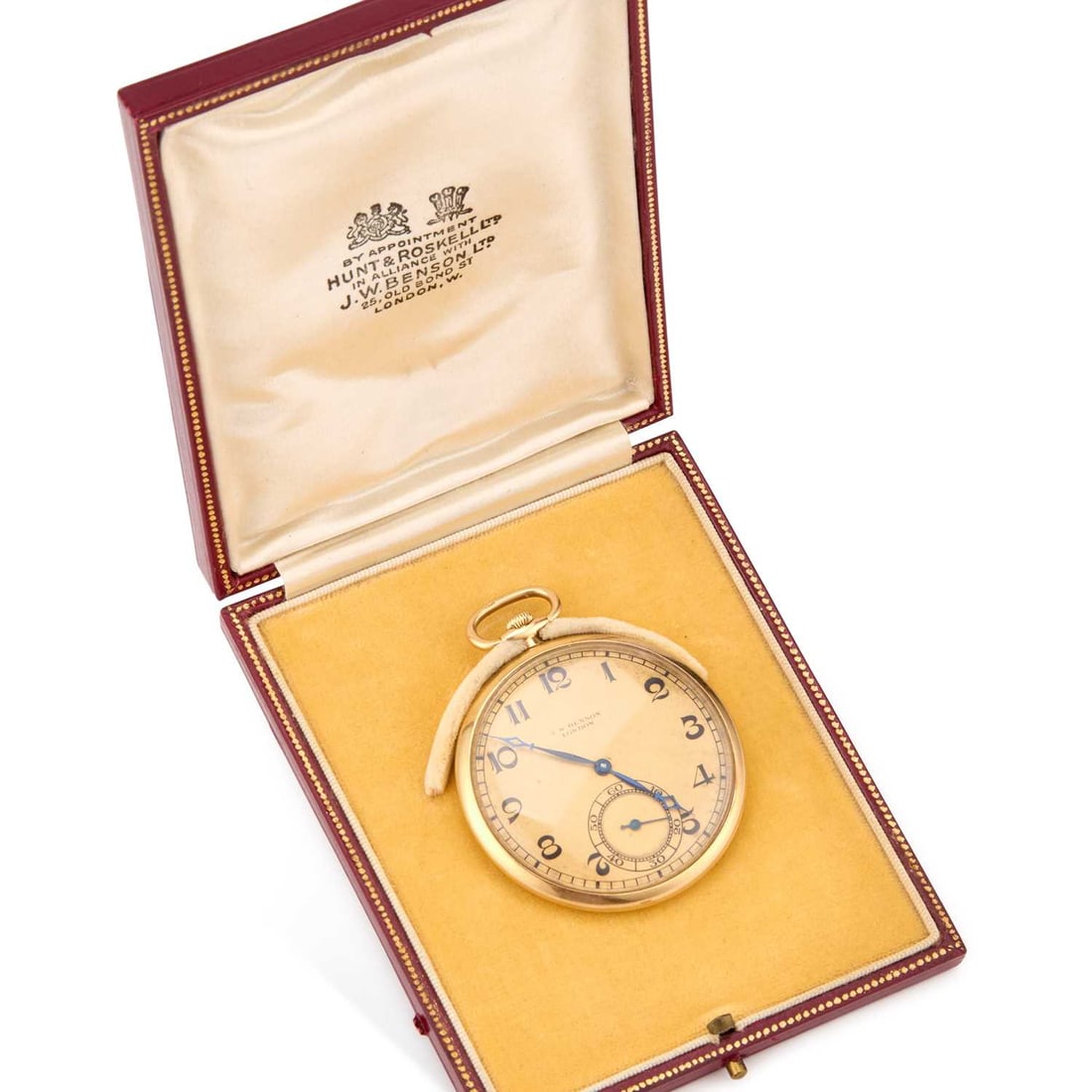 AN 18CT GOLD JW BENSON DRESS POCKET WATCH: AN 18CT GOLD JW BENSON DRESS POCKET WATCH the circular champagne dial signed JW Benson London, with Arabic indices and outer minute track, sub-seconds dial at the 6 o'clock position, blued steel hands