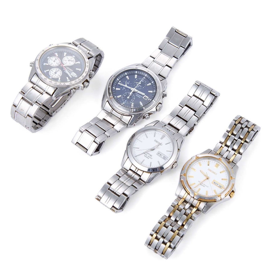 A GROUP OF GENTS SEIKO WATCHES: A GROUP OF GENTS SEIKO WATCHES comprising a steel chronograph bracelet watch with a black dial ref. 7T32-7F80; a steel chronograph bracelet watch with a blue dial ref. 7T92-0LA0; a bi-colour bracelet 