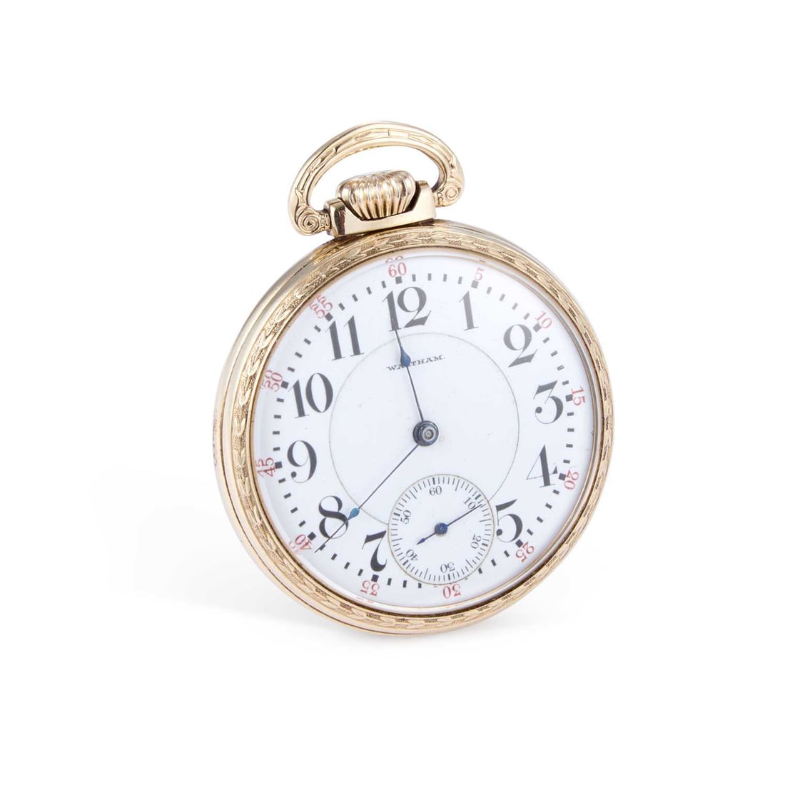 A ROLLED GOLD WALTHAM RAILROAD POCKET WATCH: A ROLLED GOLD WALTHAM RAILROAD POCKET WATCH the circular white enamel dial signed Waltham, with Roman indices and outer minute markers, outer 5 minute markers in red, sub-seconds dial at the 6 o'clock