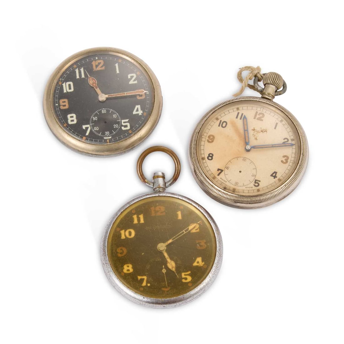A JAGER LE COULTRE MILITARY POCKET WATCH AND TWO OTHERS: A JAGER LE COULTRE MILITARY POCKET WATCH AND TWO OTHERS including the circular black dial signed Jaeger le Coultre, with luminous Arabic indices and hands, sub-seconds dial at the 6 o'clock position, 