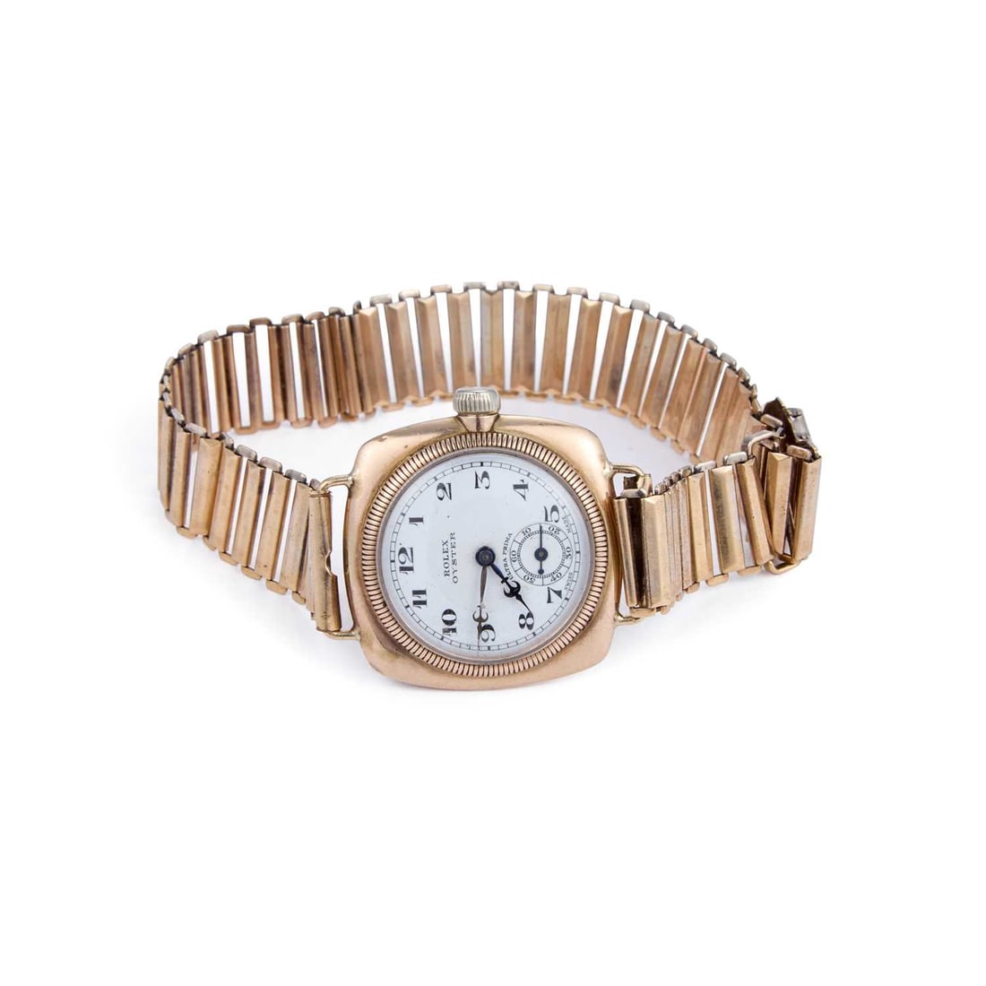 A 9CT GOLD VINTAGE ROLEX OYSTER BRACELET WATCH: A 9CT GOLD VINTAGE ROLEX OYSTER BRACELET WATCH the circular white enamel dial signed Rolex Oyster Ultra Prima, with Arabic indices and outer minute track, sub-seconds dial at the 6 o'clock position,