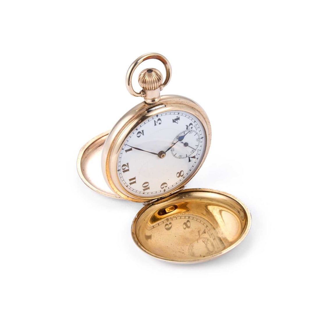 A GOLD PLATED FULL HUNTER POCKET WATCH: A GOLD PLATED FULL HUNTER POCKET WATCH the white enamel dial with Arabic numerals and outer minute track, sub-seconds dial at the 6 o'clock position, blued steel hands, hinged front cover, the hinged 