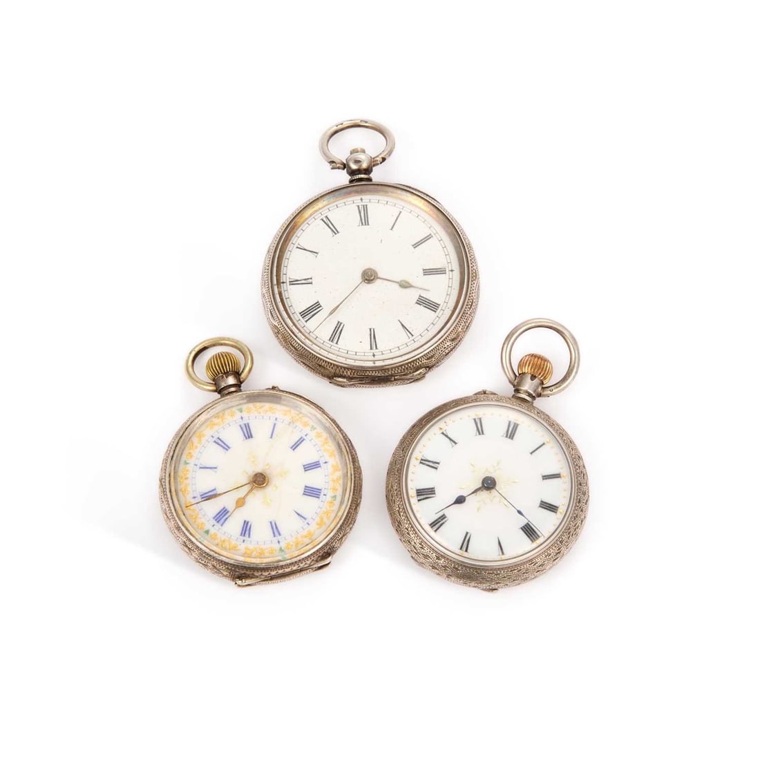 THREE SILVER FOB WATCHES: THREE SILVER FOB WATCHES each with white enamel dials and Roman indices, two keyless and one key wound example, one hallmarked Sterling Silver, the others stamped 0.935. (3) One example is currently